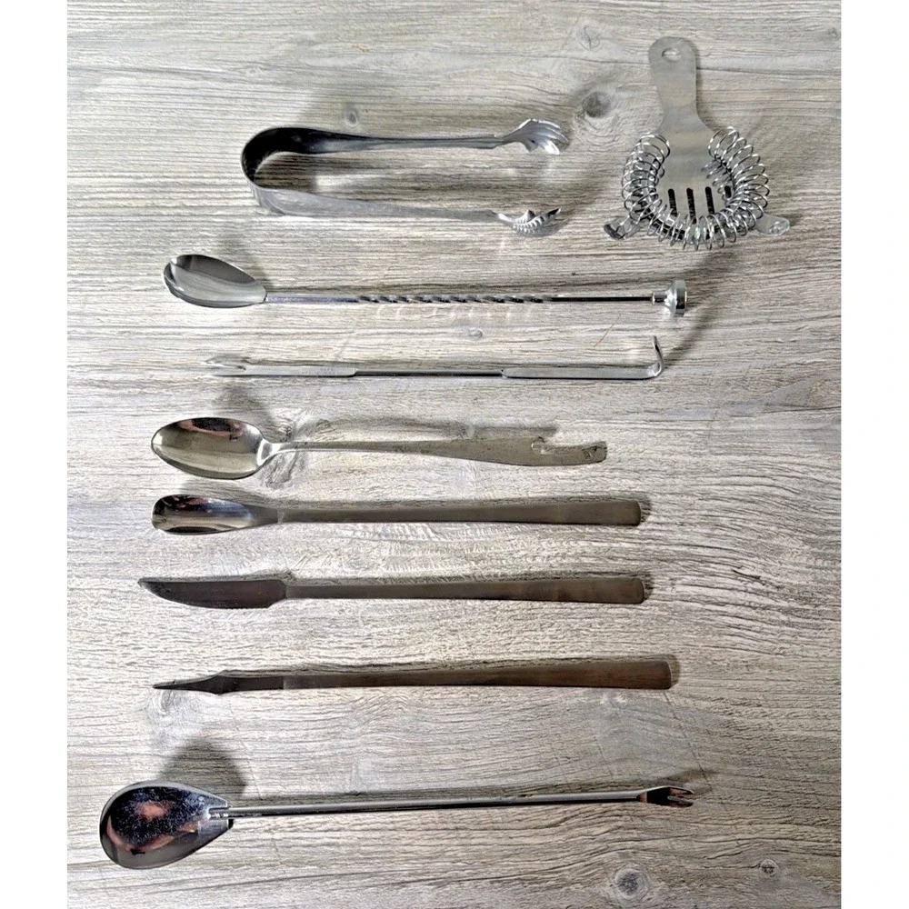9 Pc Bar Tool Lot Stainless Steel Tongs Long Stirrers Spoons Cocktail Strainer